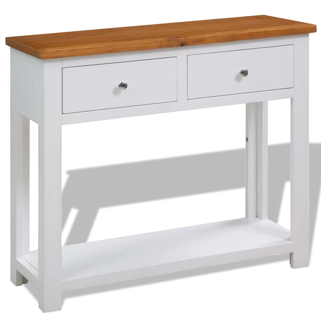 Solid Oak Wood Console Table with Two Drawers and Shelf A344