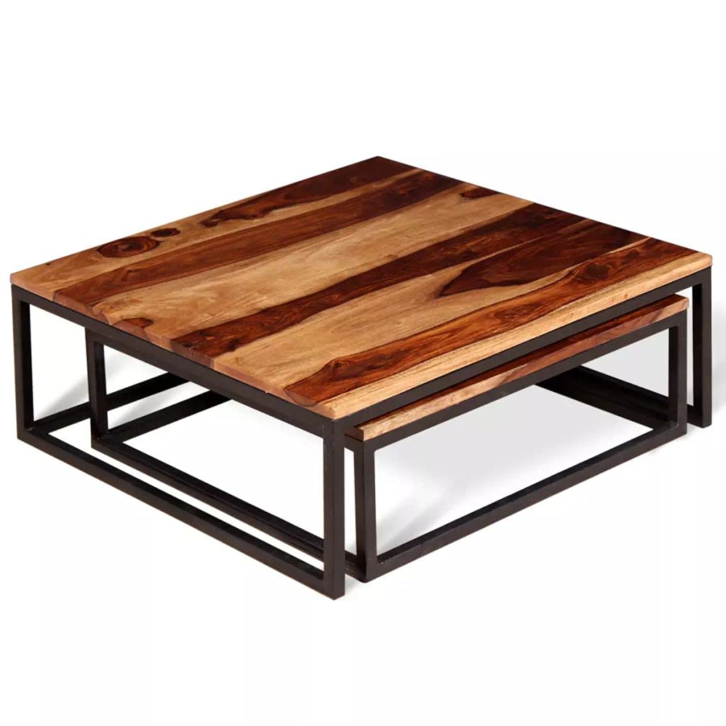 Solid Sheesham Wood Nesting Coffee Table Set with Metal Frame D661