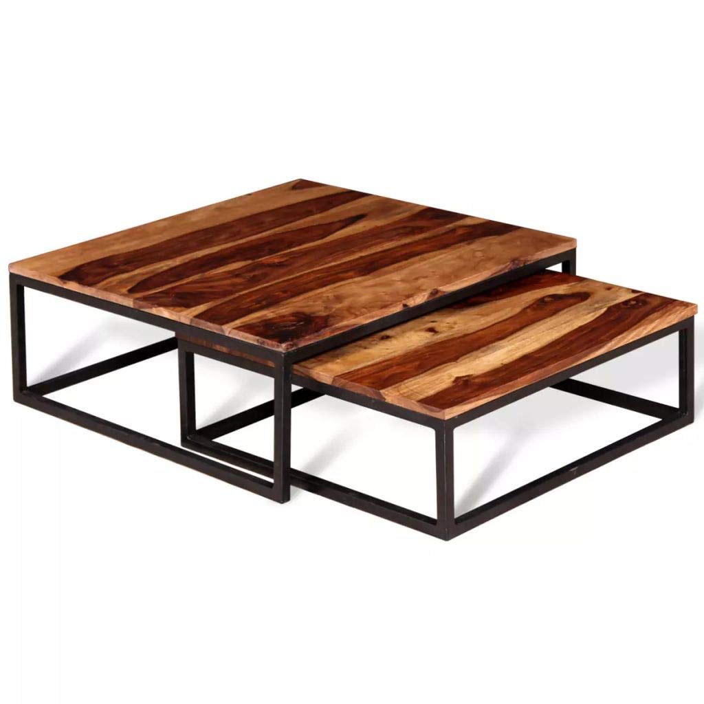 Solid Sheesham Wood Nesting Coffee Table Set with Metal Frame D661