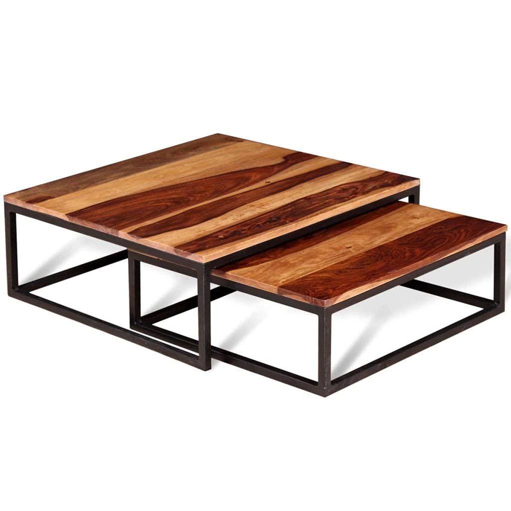 Solid Sheesham Wood Nesting Coffee Table Set with Metal Frame D661