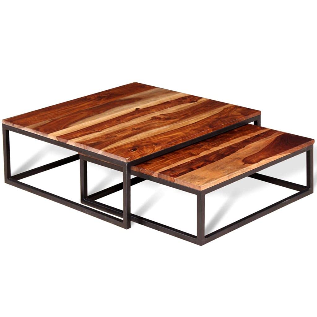 Solid Sheesham Wood Nesting Coffee Table Set with Metal Frame D661