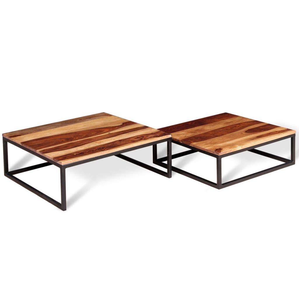 Solid Sheesham Wood Nesting Coffee Table Set with Metal Frame D661