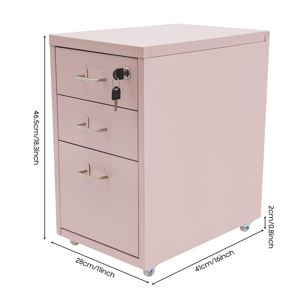 Pink 3 Drawer Metal File Cabinet with Lock K846
