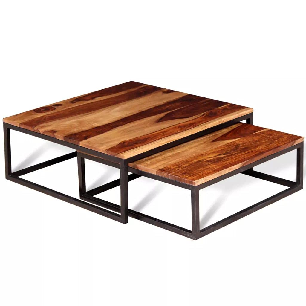 Solid Sheesham Wood Nesting Coffee Table Set with Metal Frame D661