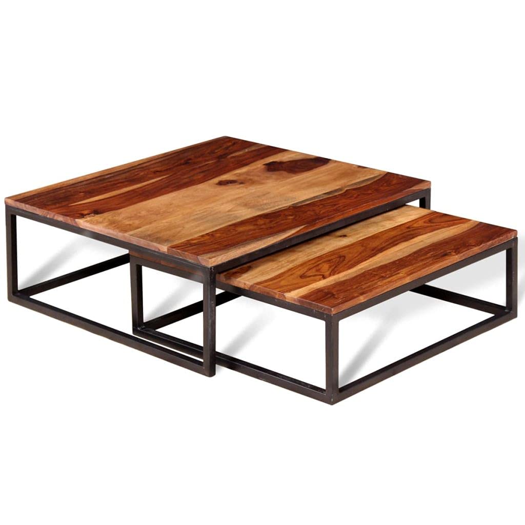Solid Sheesham Wood Nesting Coffee Table Set with Metal Frame D661