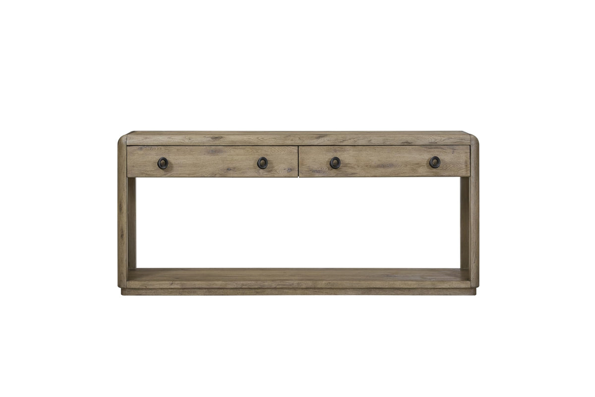 English Knotty Oak Console Table, Solid Wood and Engineered Wood Veneer, Two Self-Closing Drawers, Open Lower Shelf, Rounded Edges, 72 x 16 x 32.25 Inchs, Oak Finish R717754