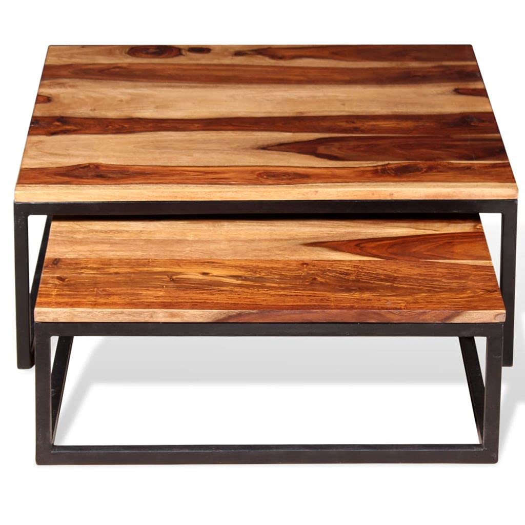 Solid Sheesham Wood Nesting Coffee Table Set with Metal Frame D661