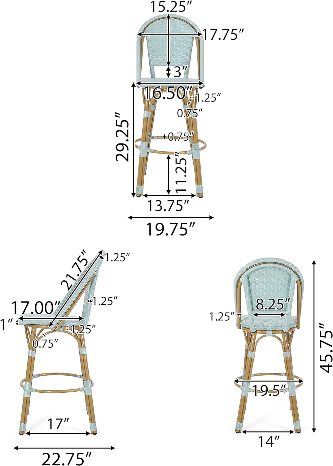 Light Teal PE Rattan Aluminum Bar Stools Set of 2 X110158