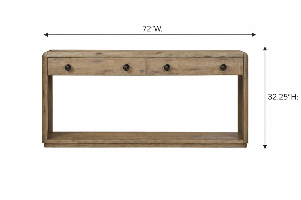 English Knotty Oak Console Table, Solid Wood and Engineered Wood Veneer, Two Self-Closing Drawers, Open Lower Shelf, Rounded Edges, 72 x 16 x 32.25 Inchs, Oak Finish R717754