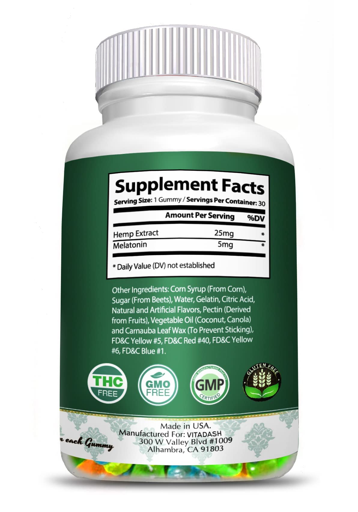 Melatonin Hemp Gummies 5mg 25mg 60 Servings Y231366
