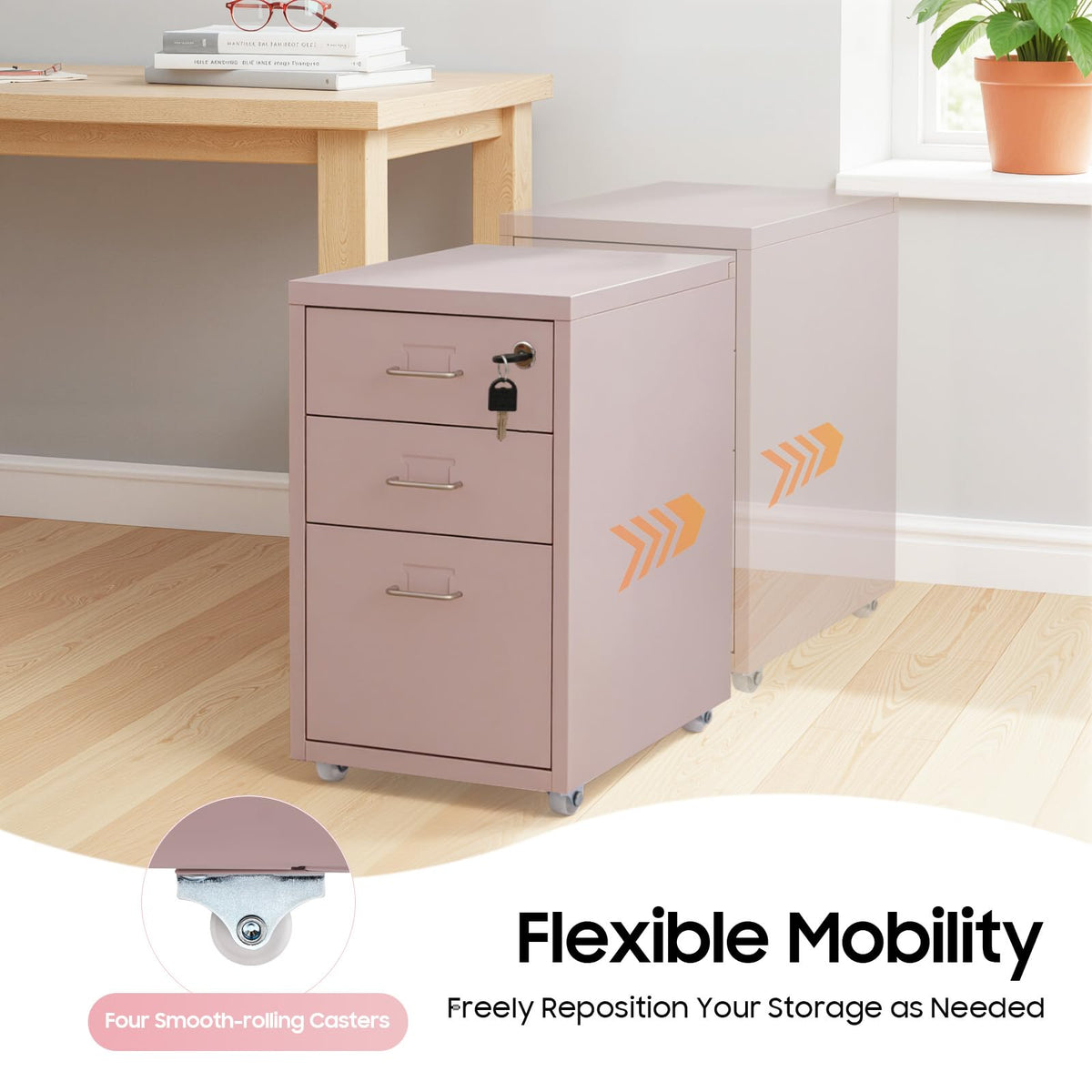 Pink 3 Drawer Metal File Cabinet with Lock K846