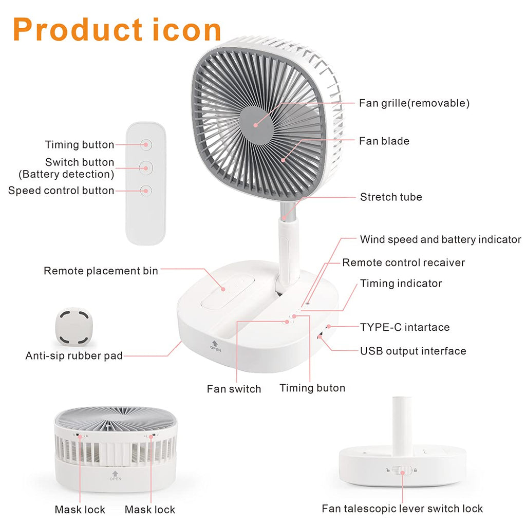 Portable Foldaway Standing Fan 7200Mah Rechargeable Battery Remote Control Telescopic 4 Speed Quiet Timer Gray F671