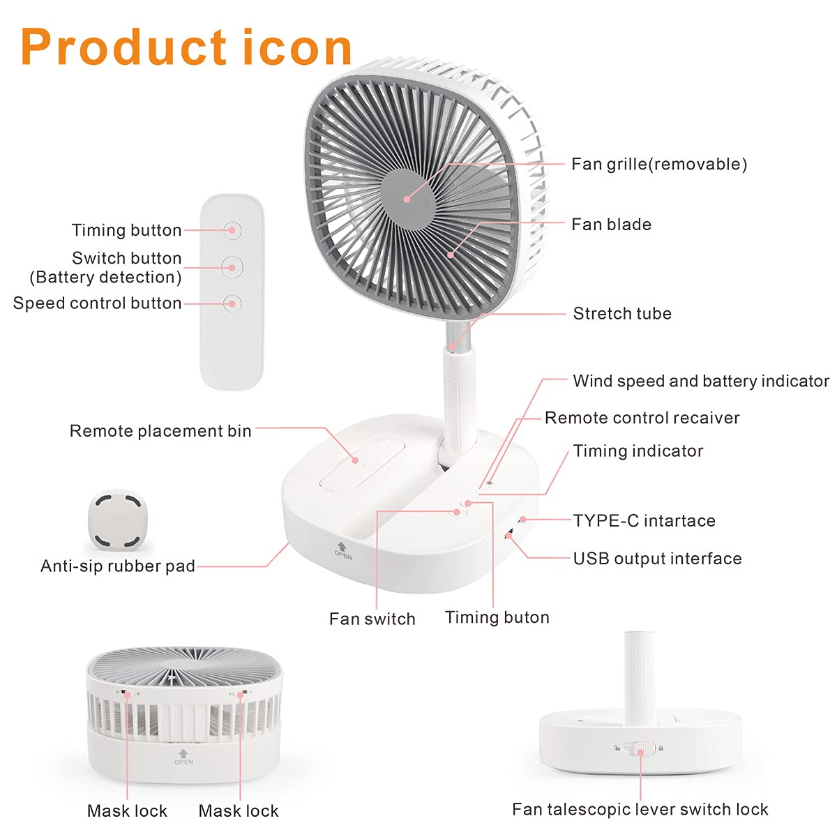 Portable Foldaway Standing Fan 7200Mah Rechargeable Battery Remote Control Telescopic 4 Speed Quiet Timer Gray F671