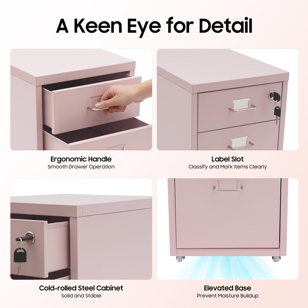Pink 3 Drawer Metal File Cabinet with Lock K846