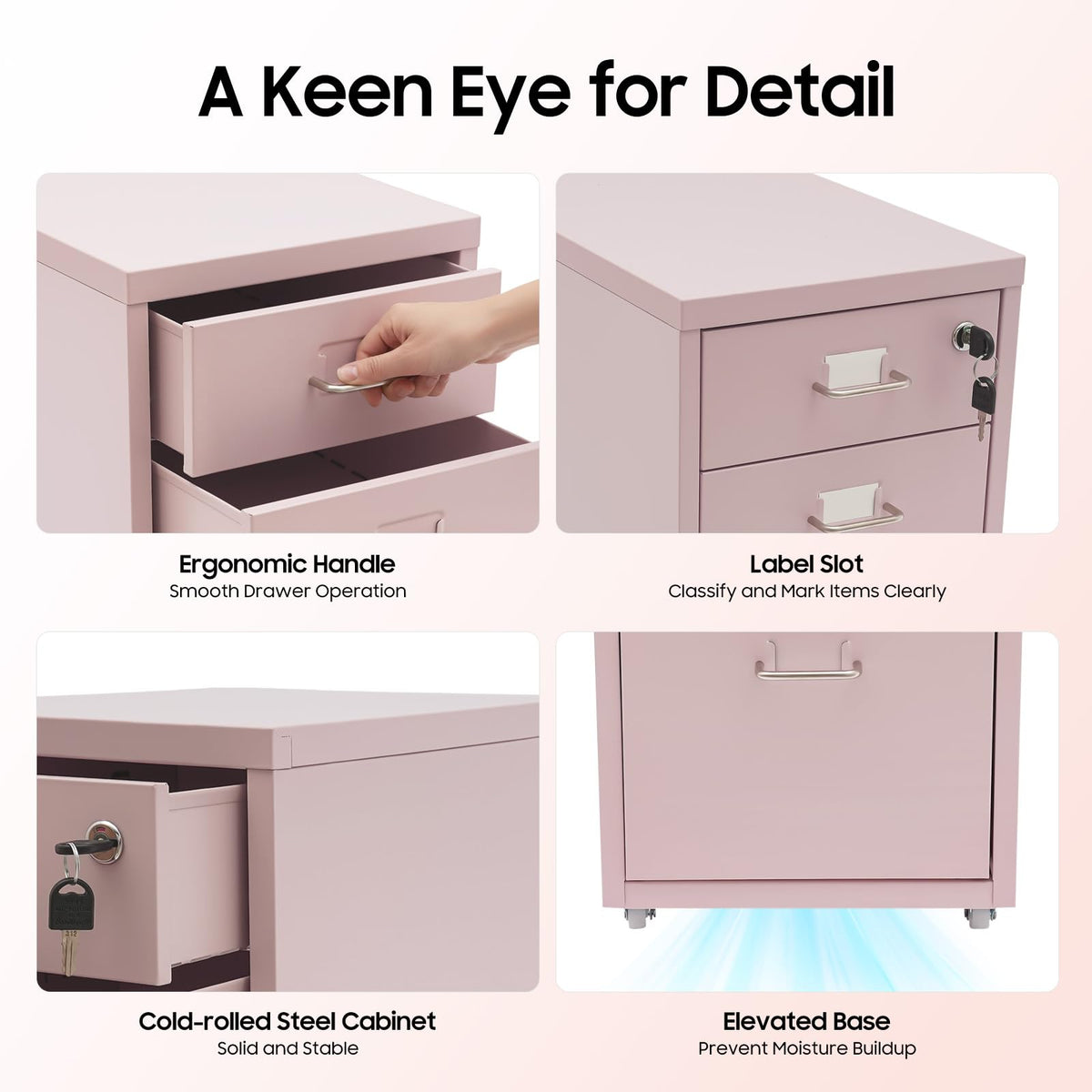 Pink 3 Drawer Metal File Cabinet with Lock K846