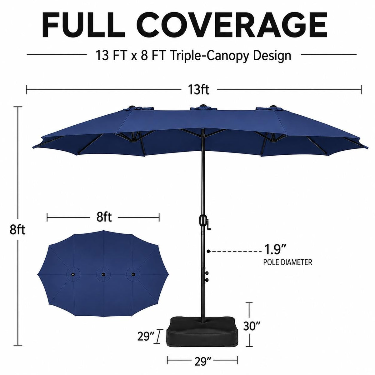 13FT Double-Sided Patio Umbrella with Base Navy Blue D802