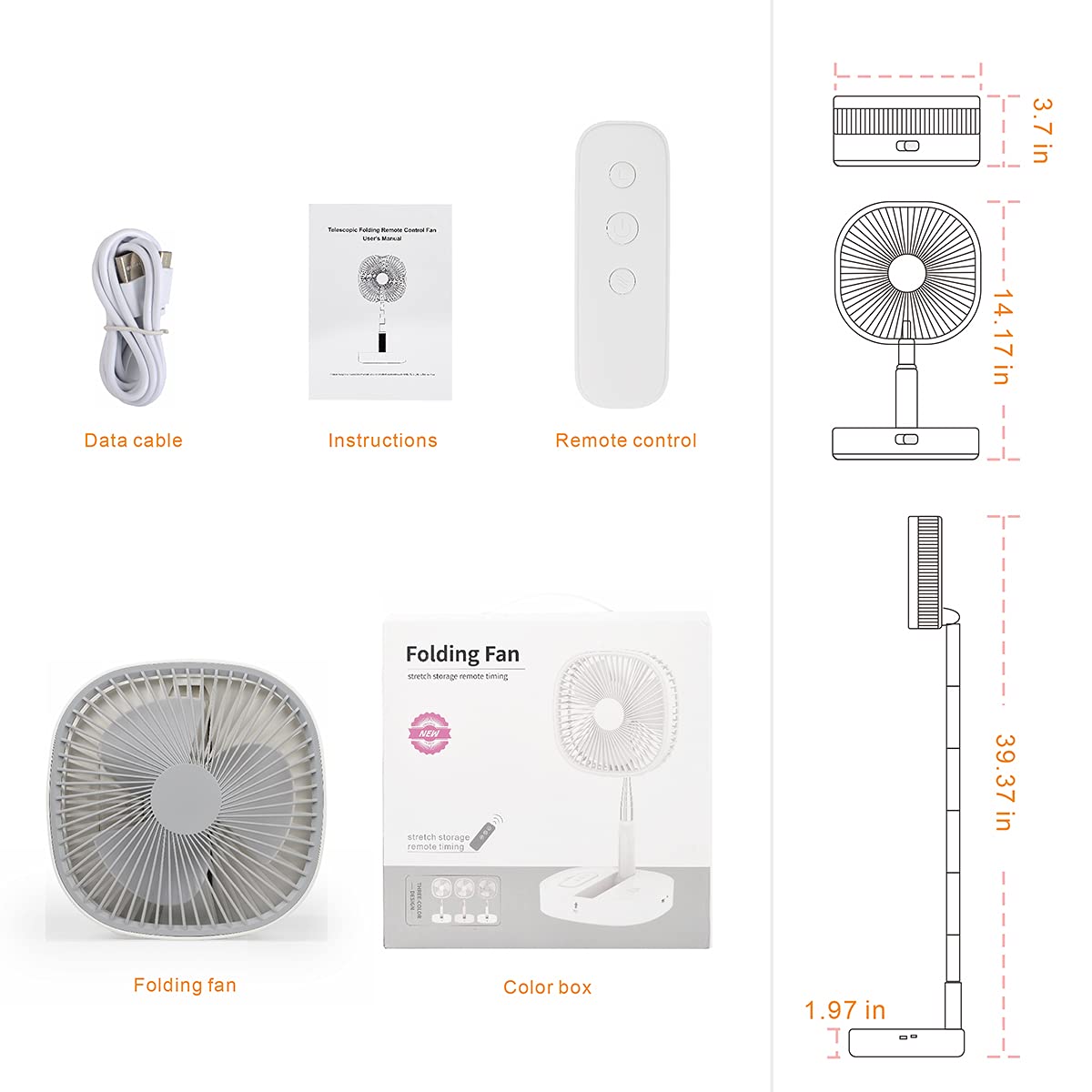 Portable Foldaway Standing Fan 7200Mah Rechargeable Battery Remote Control Telescopic 4 Speed Quiet Timer Gray F671