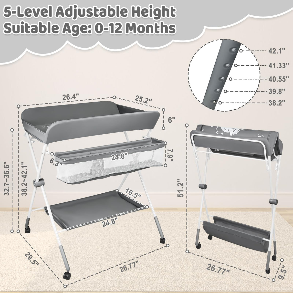 Portable Folding Baby Changing Table with Wheels Y422518