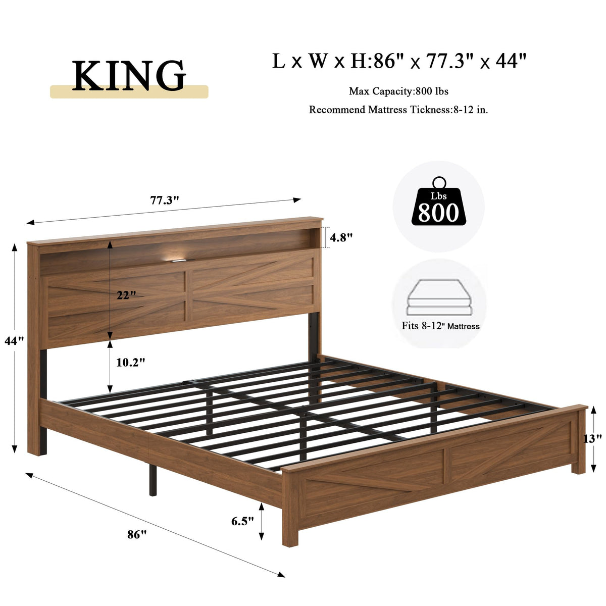King Size Farmhouse Wooden Bed Frame with Storage Headboard V81302