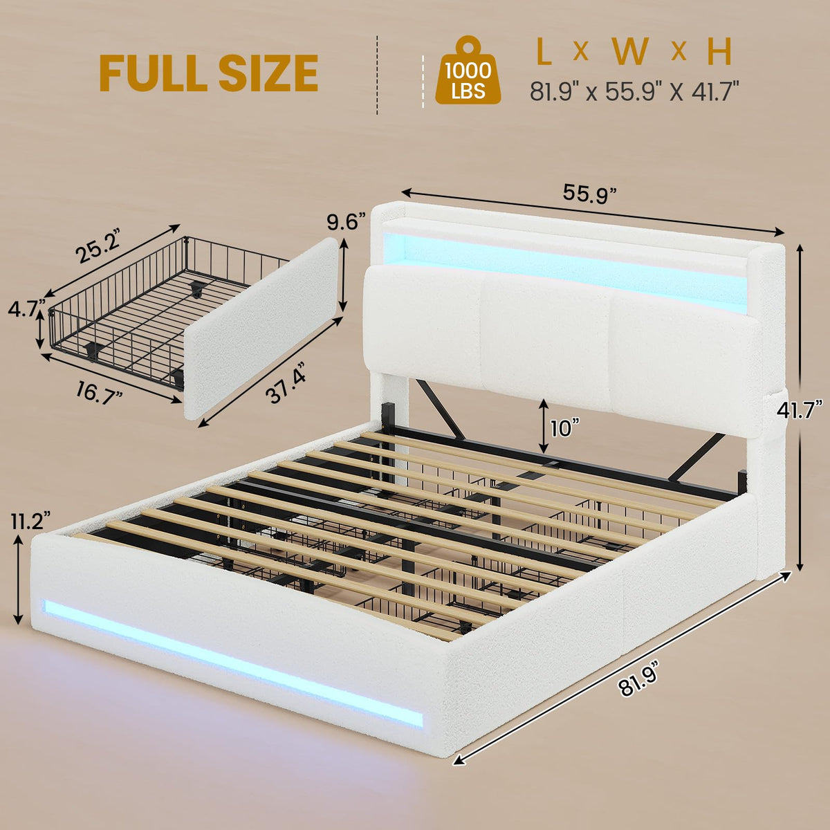 Full Bed Frame with Storage Headboard and Charging Station M991