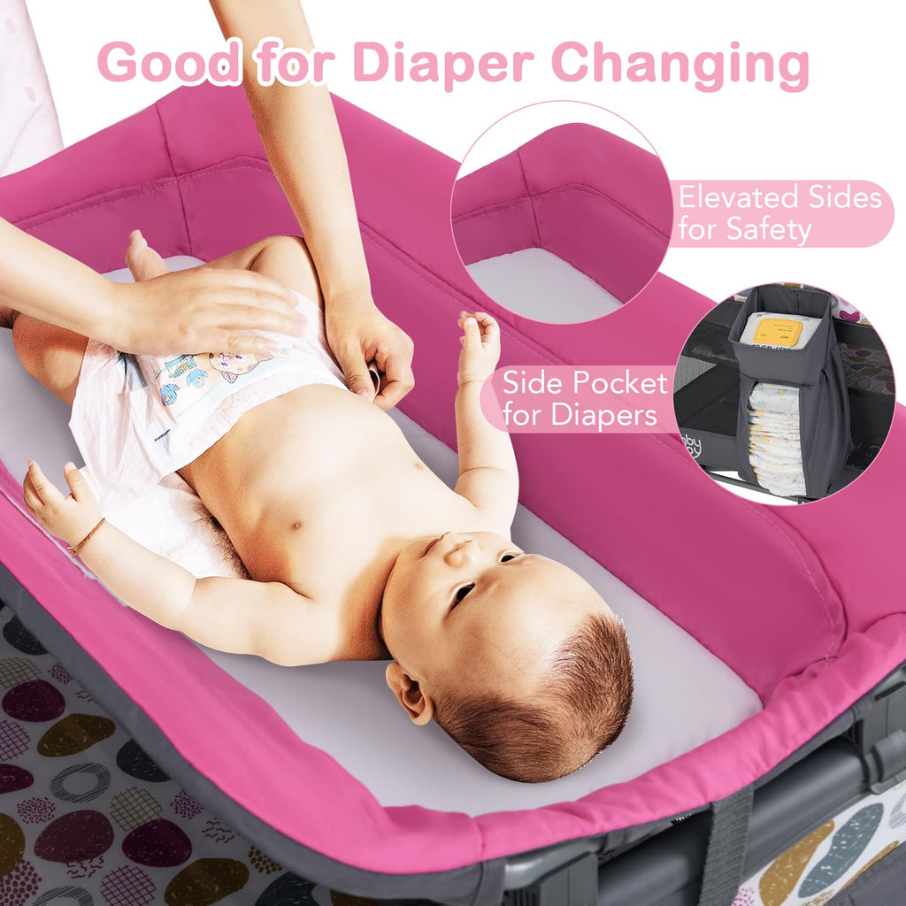 Pink Portable Baby Playard with Bassinet and Changing Station T6277