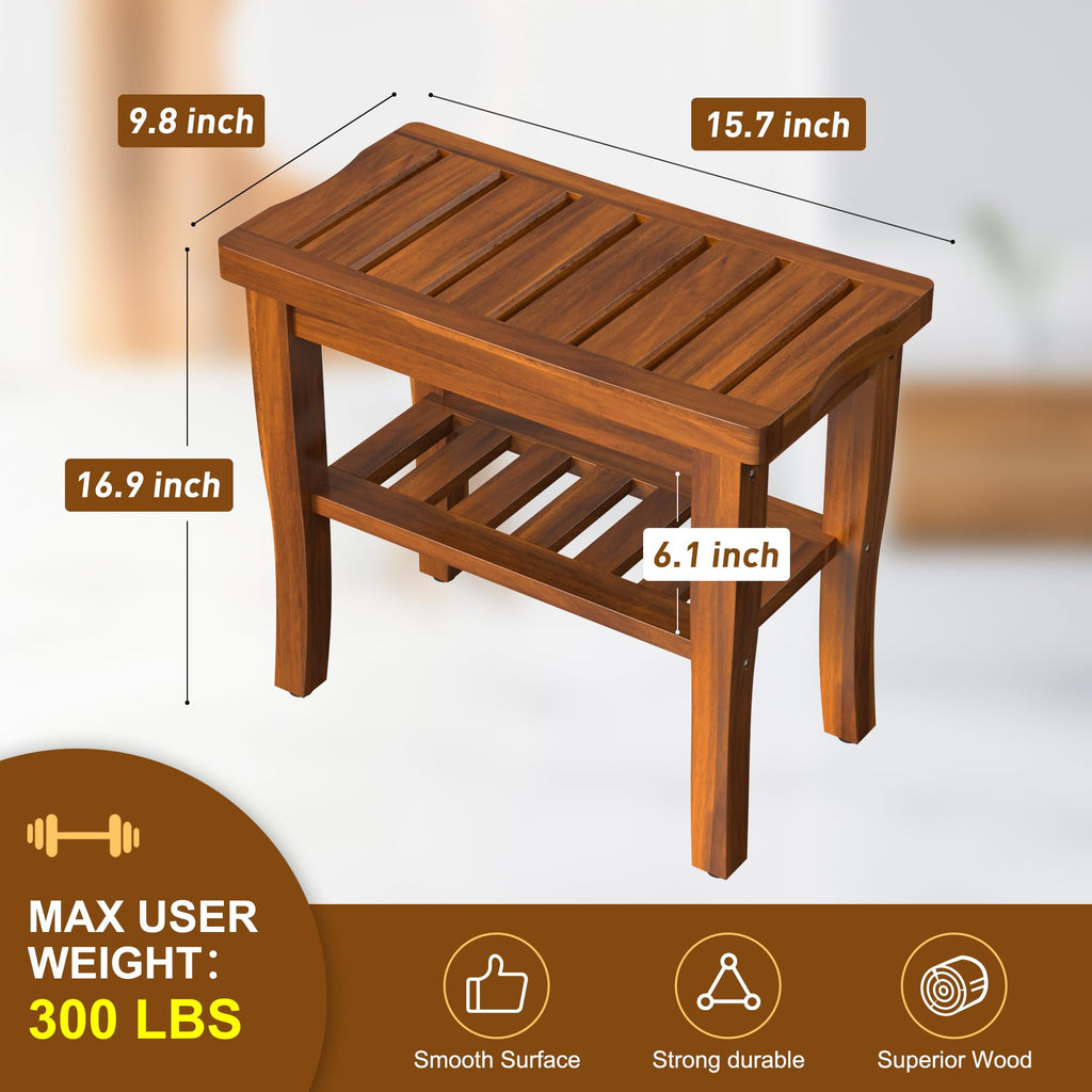 Teak Wood Shower Bench Stool with Storage Shelf J46670