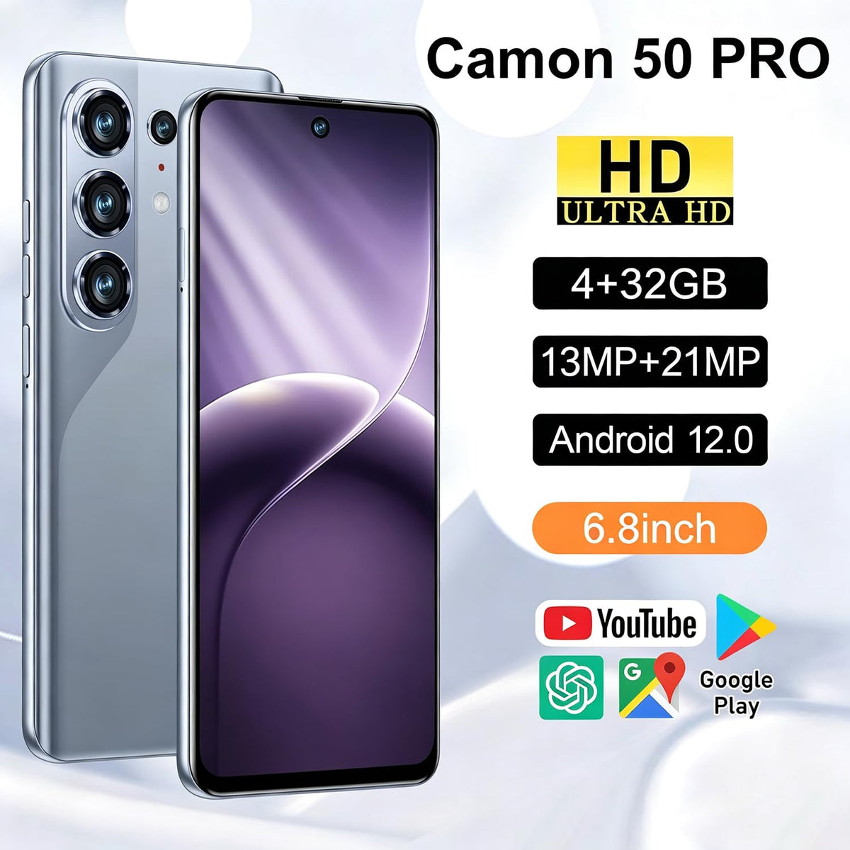 4G Unlocked Smartphone, 6.8'' HD Screen, 4GB+32GB, 13MP+21MP Dual Camera, Android 12.0 (Black) G457058