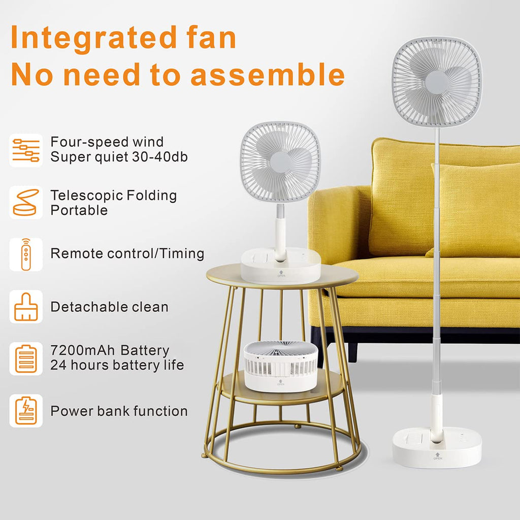 Portable Foldaway Standing Fan 7200Mah Rechargeable Battery Remote Control Telescopic 4 Speed Quiet Timer Gray F671