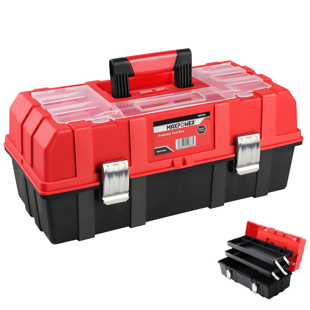16-Inch Three-Layer Folding Plastic Tool Box with Tray and Dividers F6943
