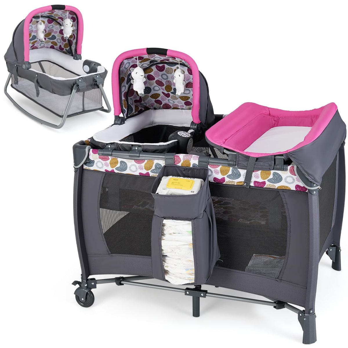 Pink Portable Baby Playard with Bassinet and Changing Station T6277