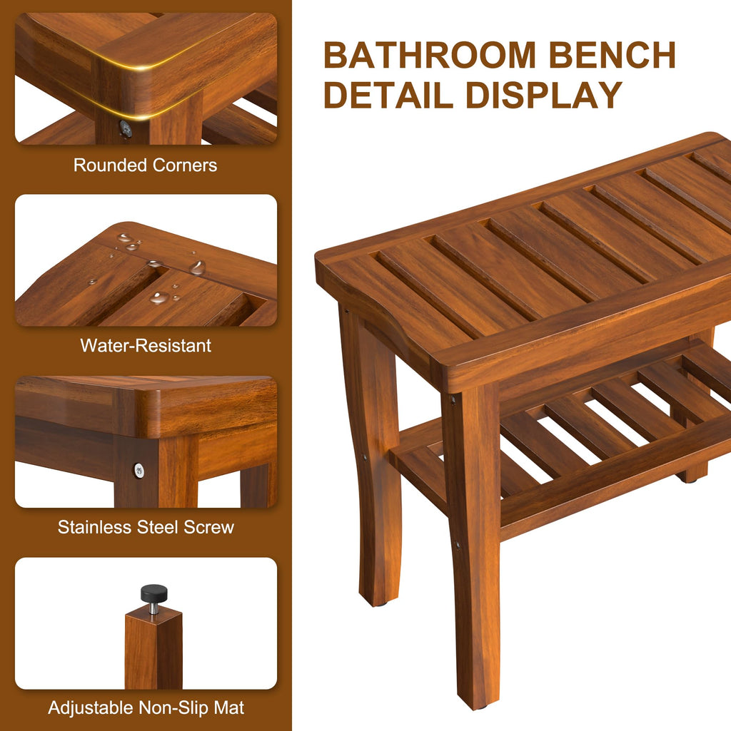Teak Wood Shower Bench Stool with Storage Shelf J46670