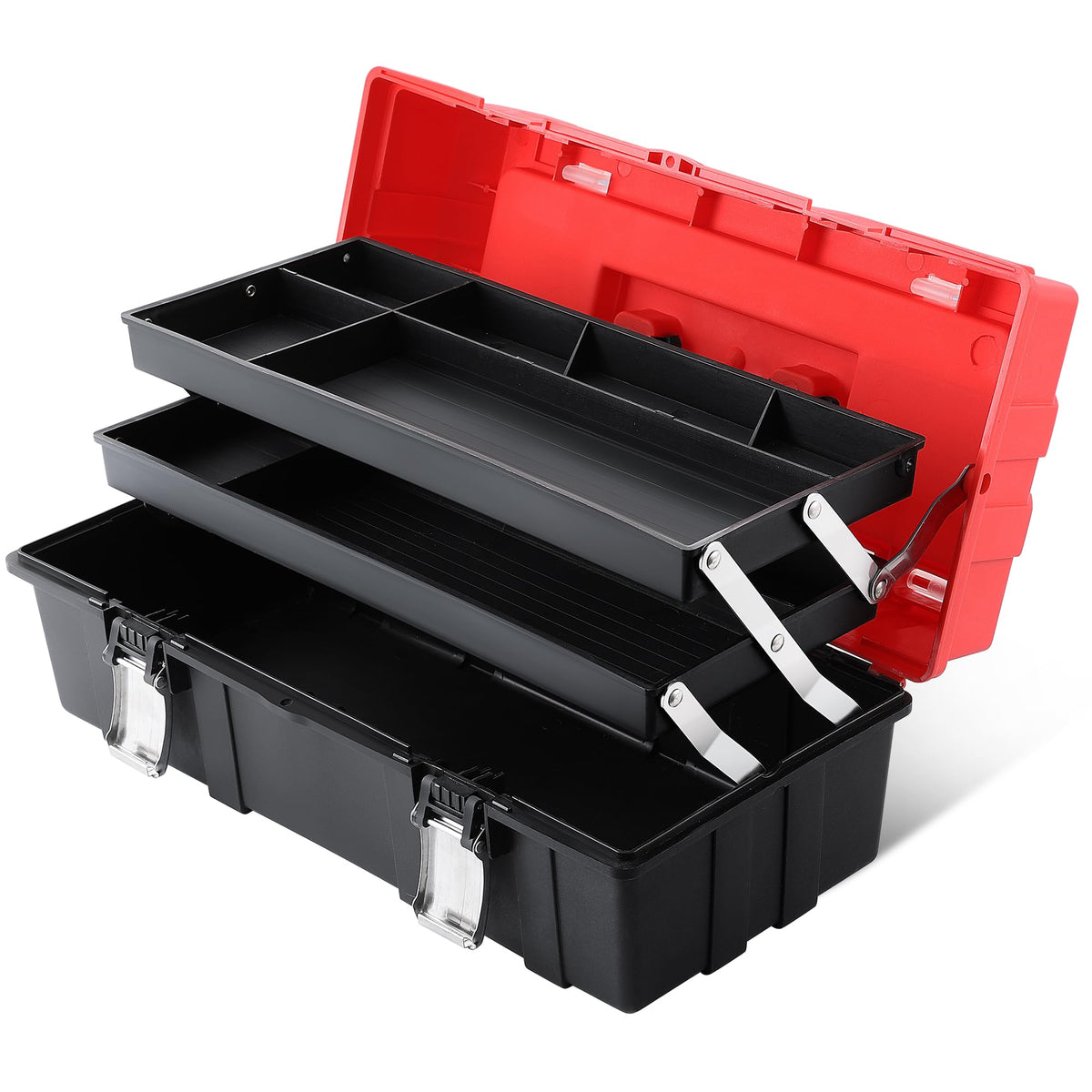 16-Inch Three-Layer Folding Plastic Tool Box with Tray and Dividers F6943