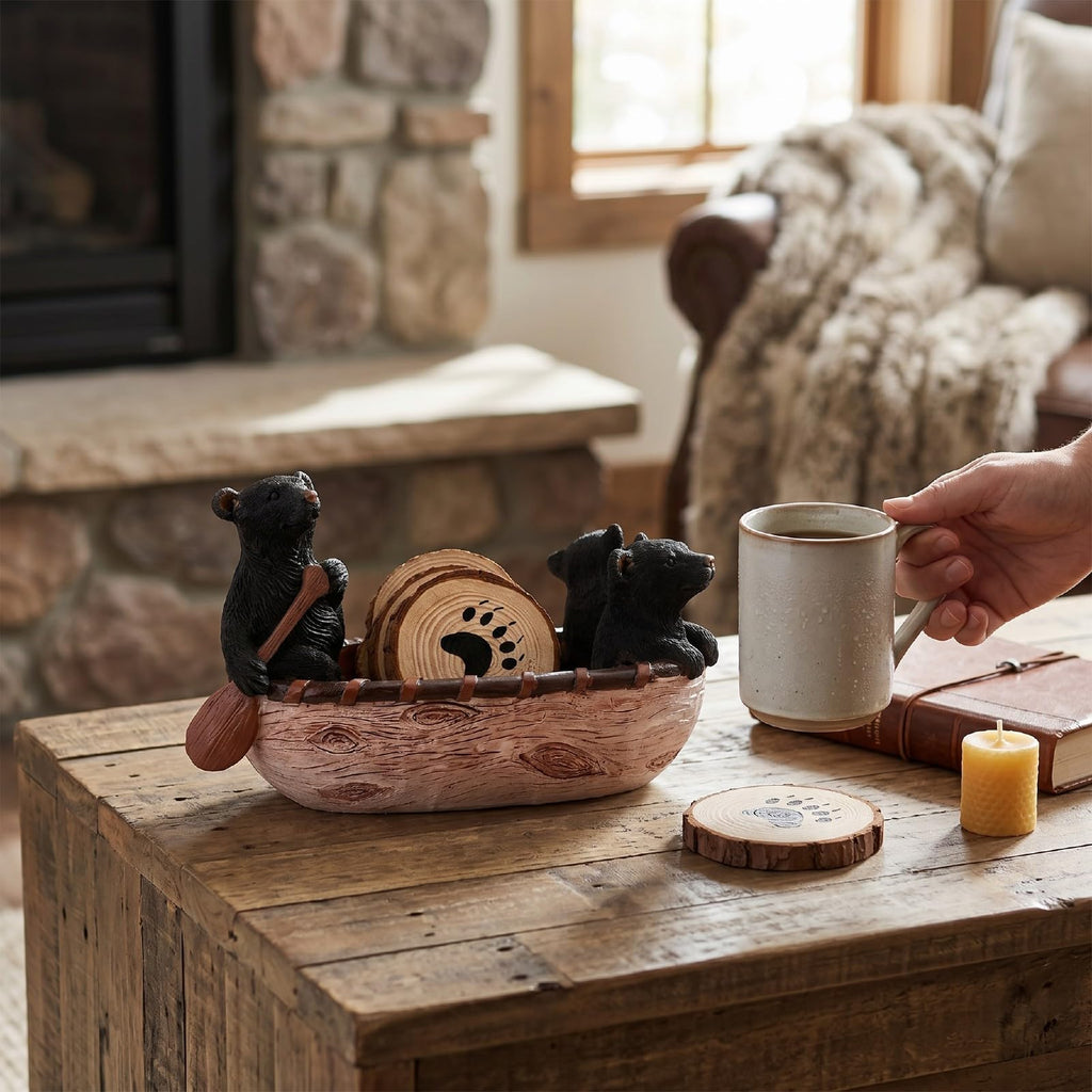Black Bear Coaster Set with Canoe Holder S581