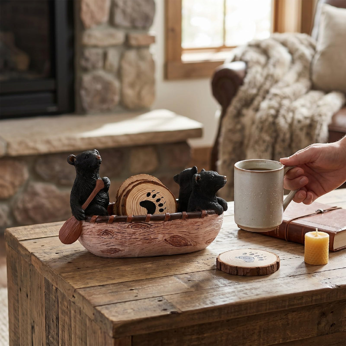 Black Bear Coaster Set with Canoe Holder S581