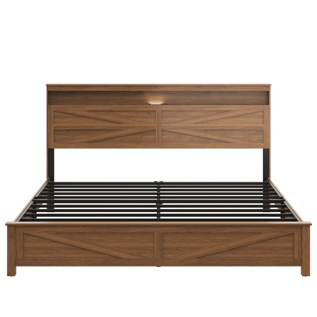 King Size Farmhouse Wooden Bed Frame with Storage Headboard V81302