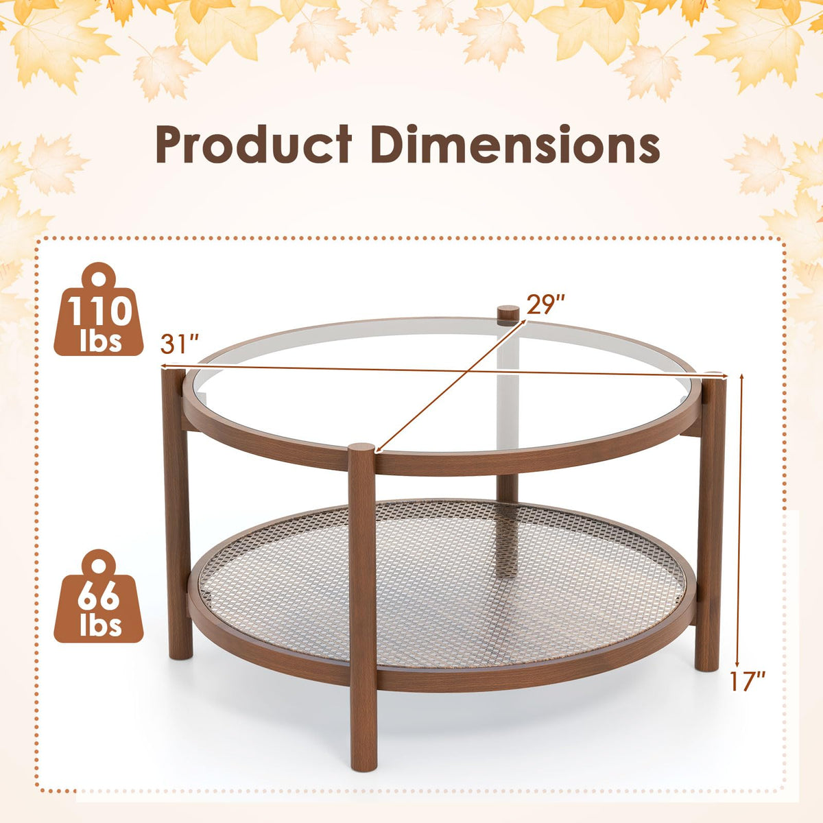 Rattan Round Glass Coffee Table with Storage Shelf X2675