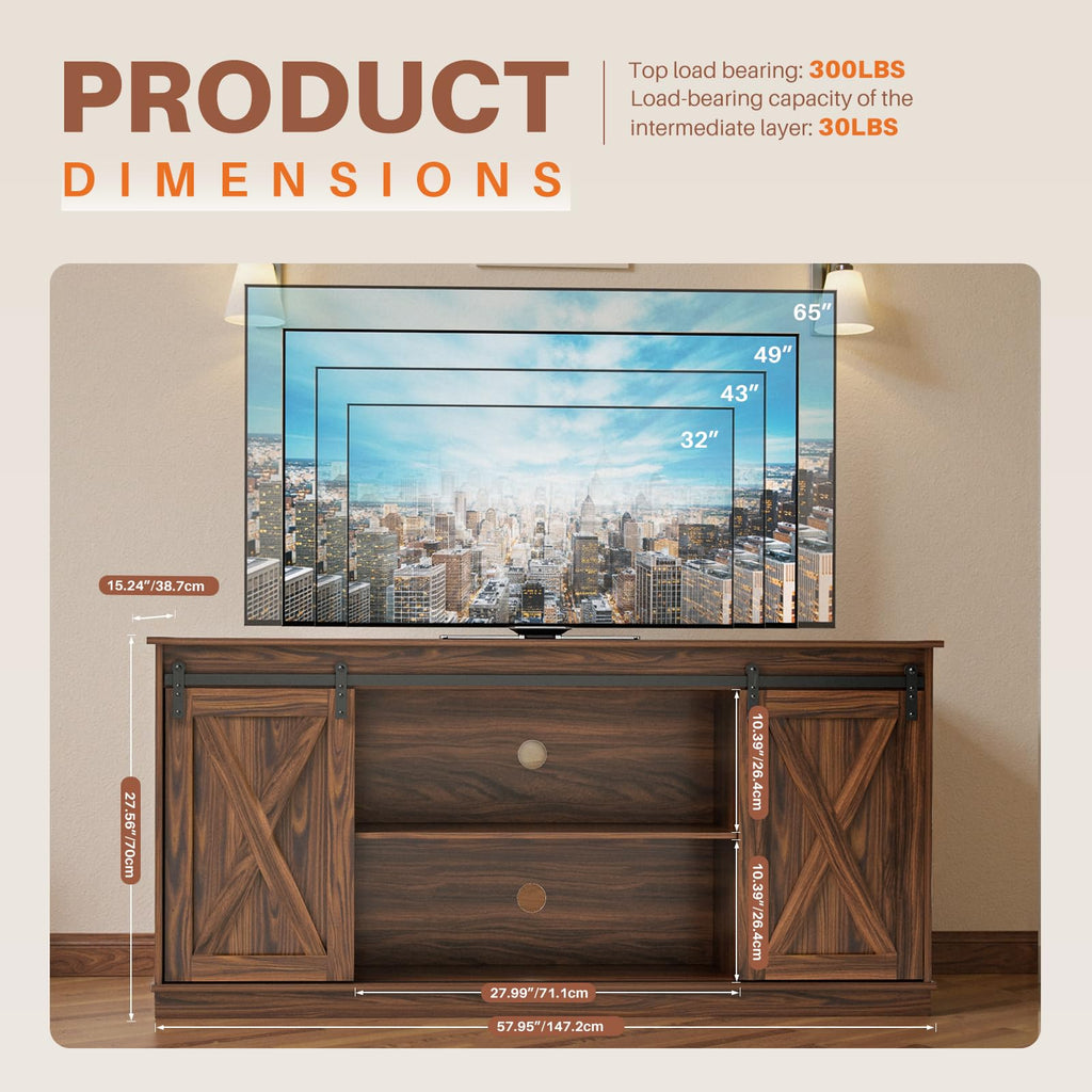 65 Inch Brown Wood TV Stand with Storage Shelves and Sliding Barn Door Z7757