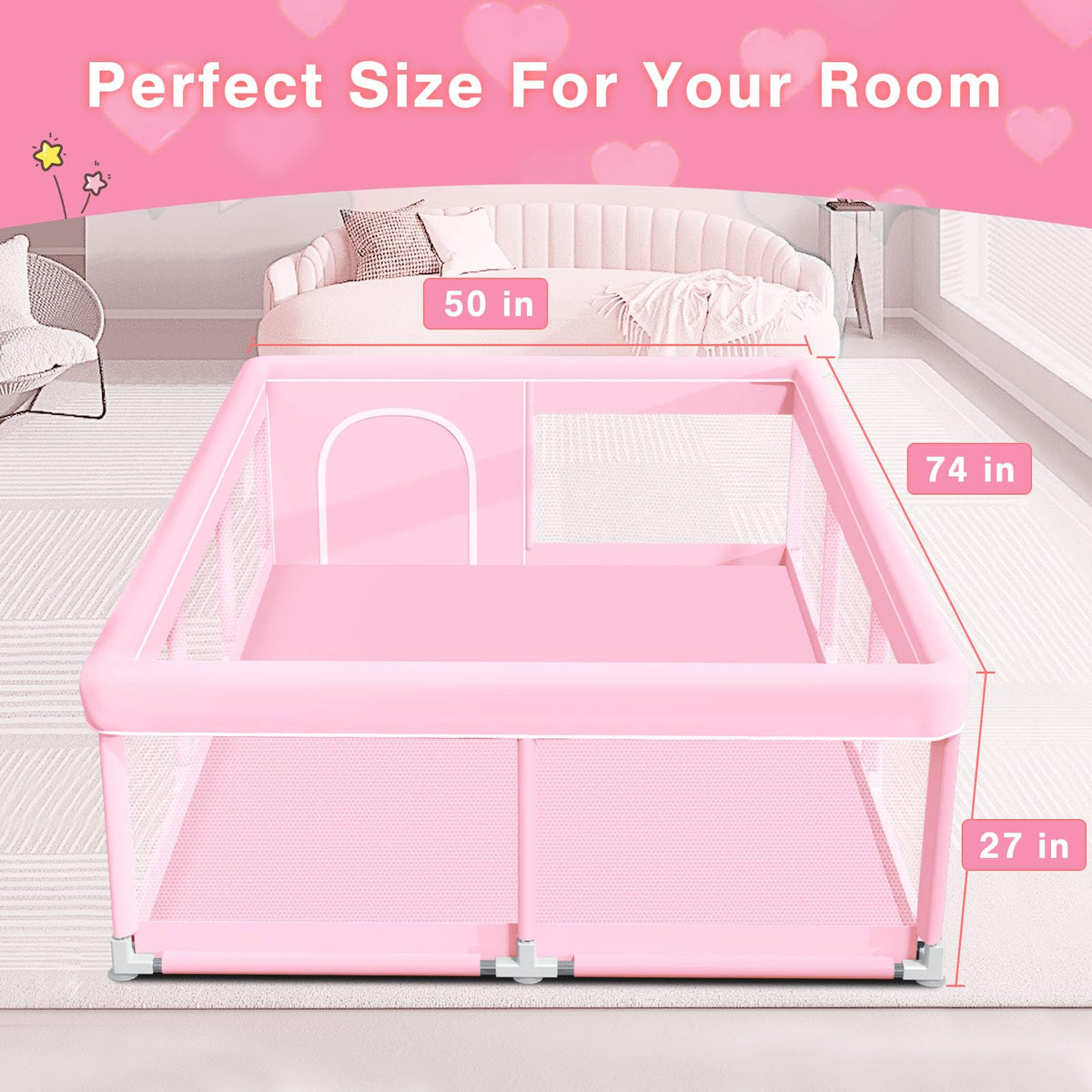 Pink Baby Playpen 74x50 Inches with Mesh S195318