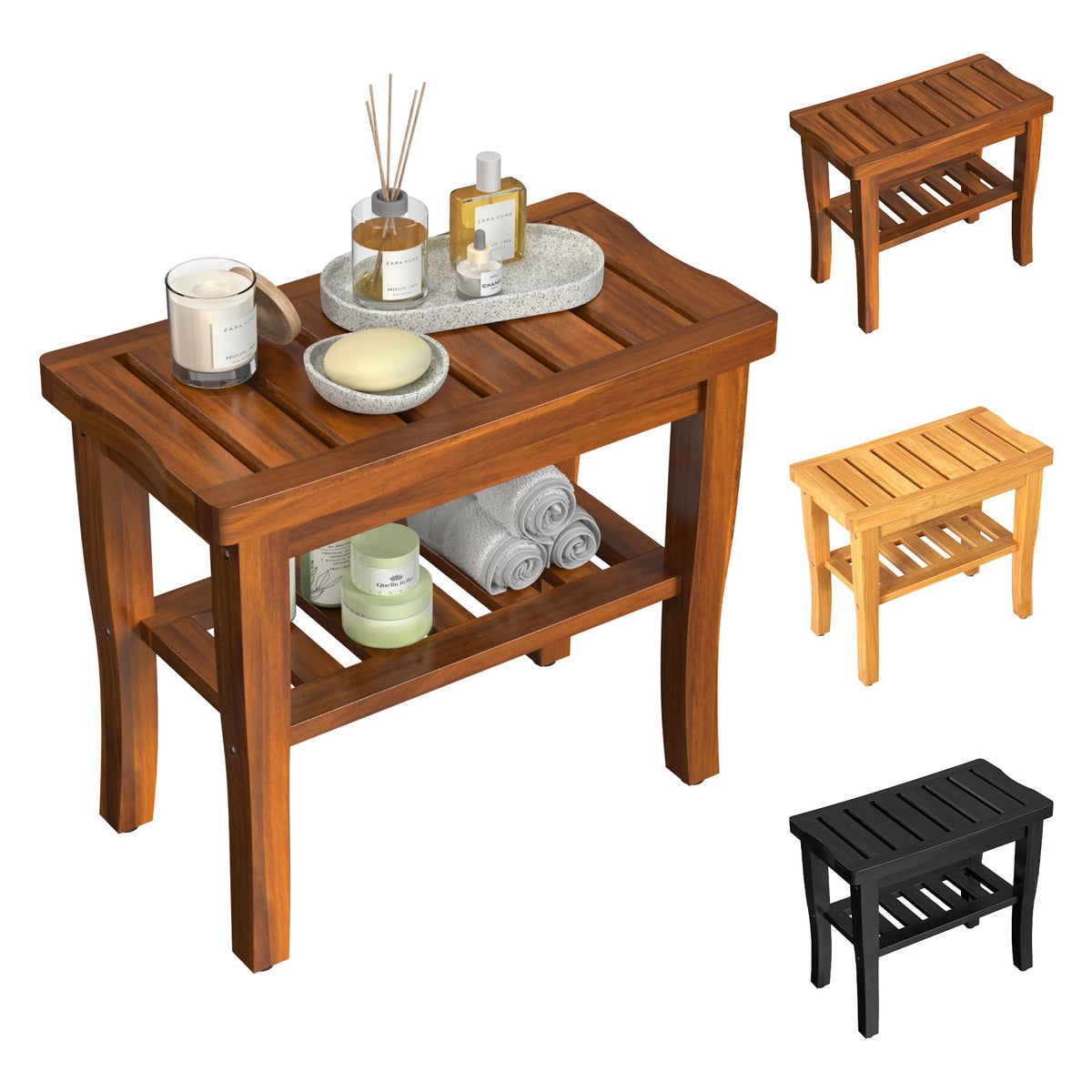 Teak Wood Shower Bench Stool with Storage Shelf J46670