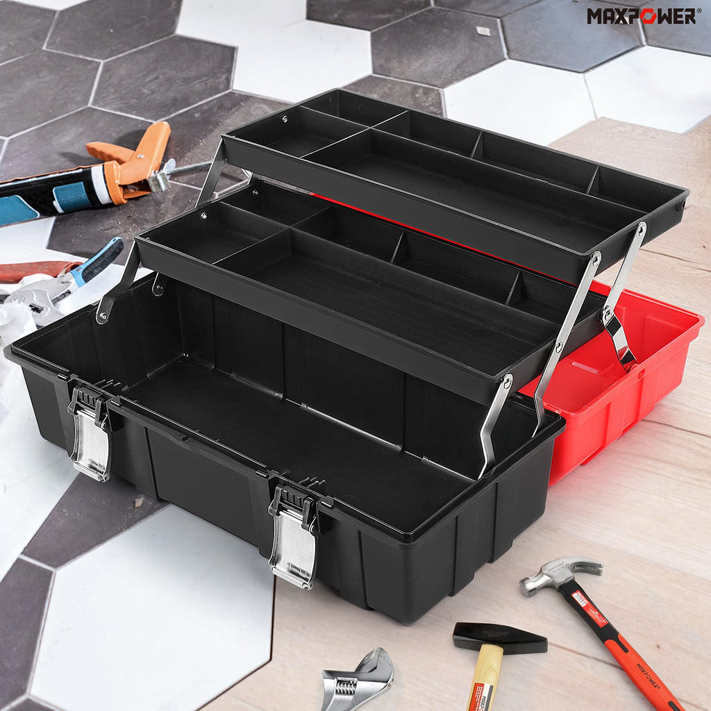 16-Inch Three-Layer Folding Plastic Tool Box with Tray and Dividers F6943