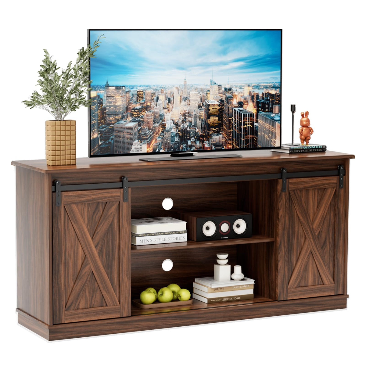 65 Inch Brown Wood TV Stand with Storage Shelves and Sliding Barn Door Z7757