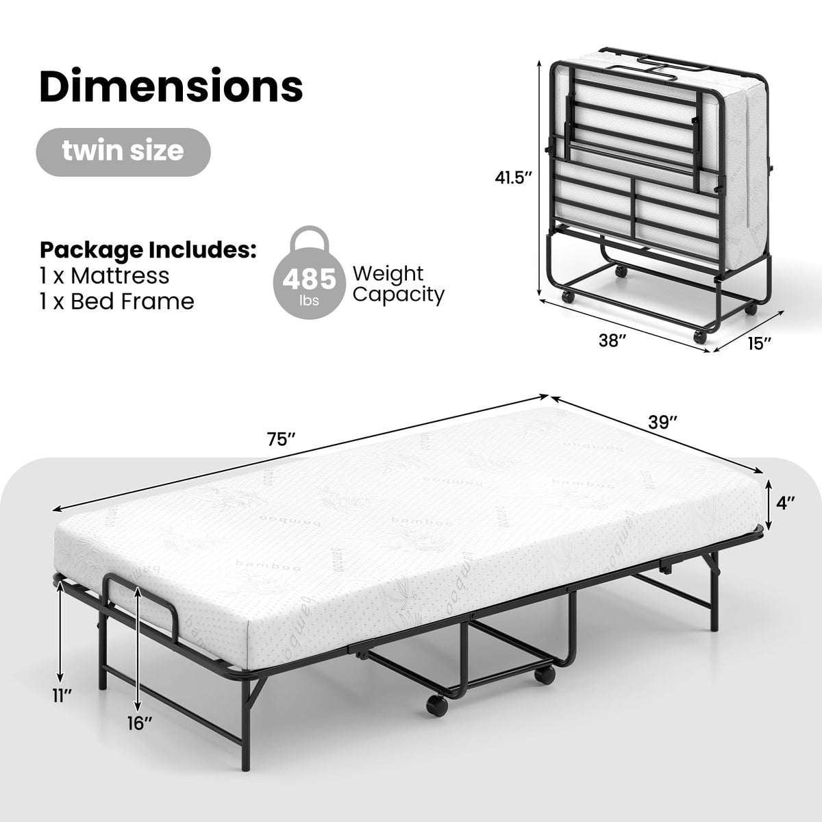 Twin Folding Bed Frame with Memory Foam Mattress I9648