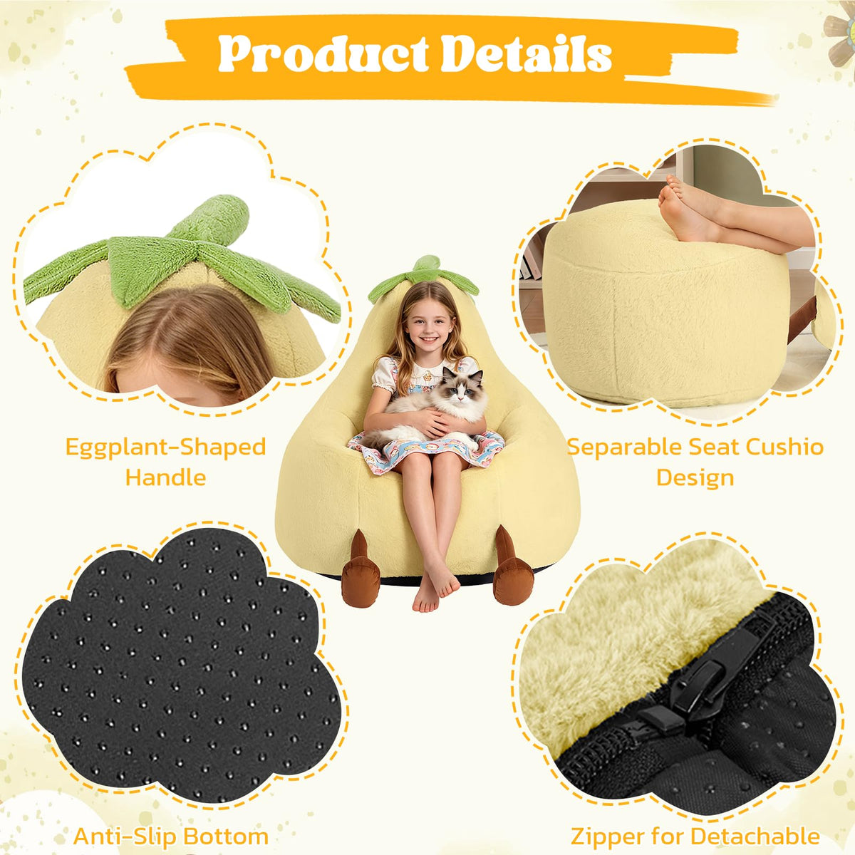 Yellow Faux Rabbit Fur Memory Foam Bean Bag Chair D3490