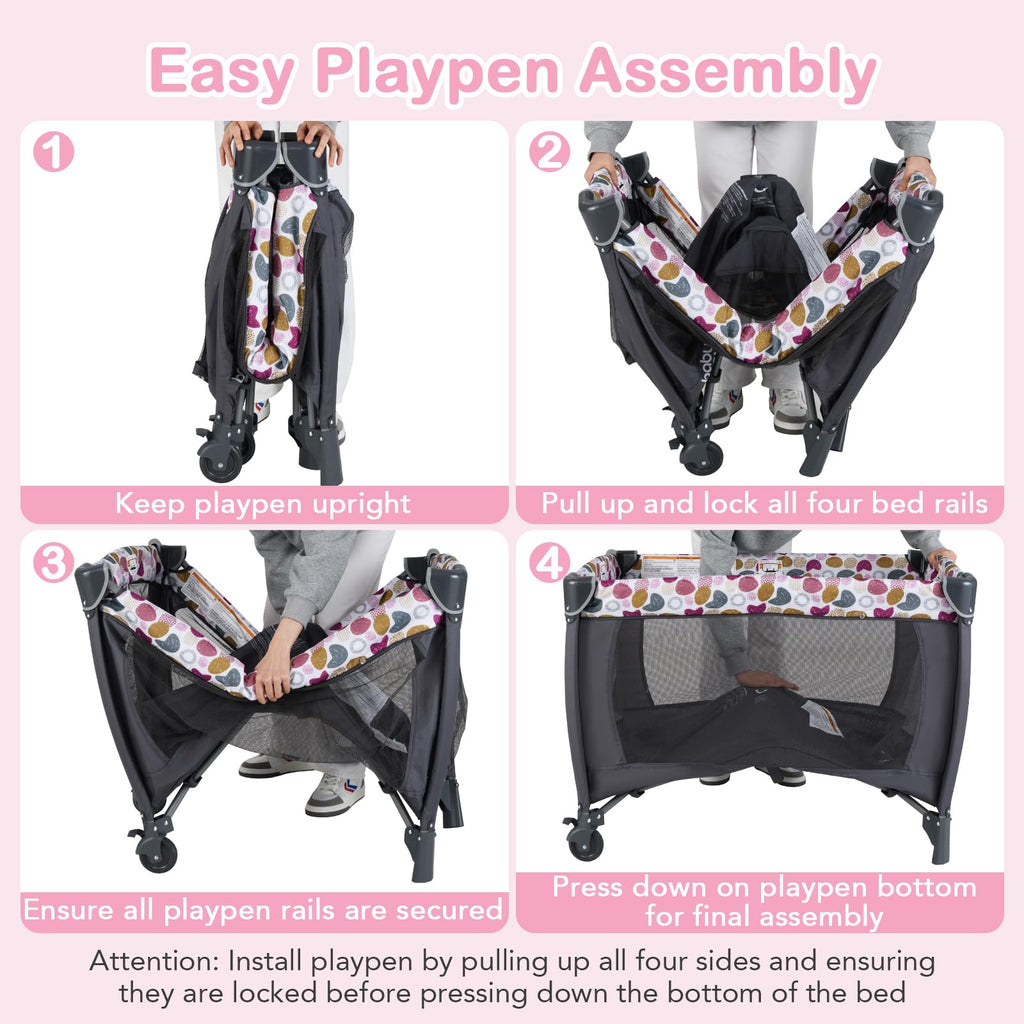 Pink Portable Baby Playard with Bassinet and Changing Station T6277