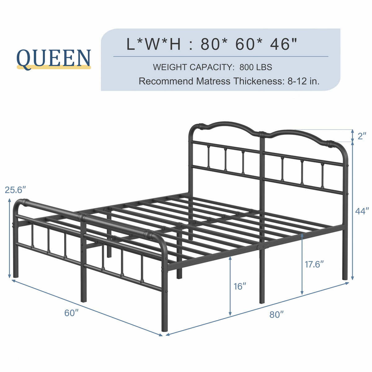 Queen Size 18 Inches Metal Bed Frame with Headboard W498726