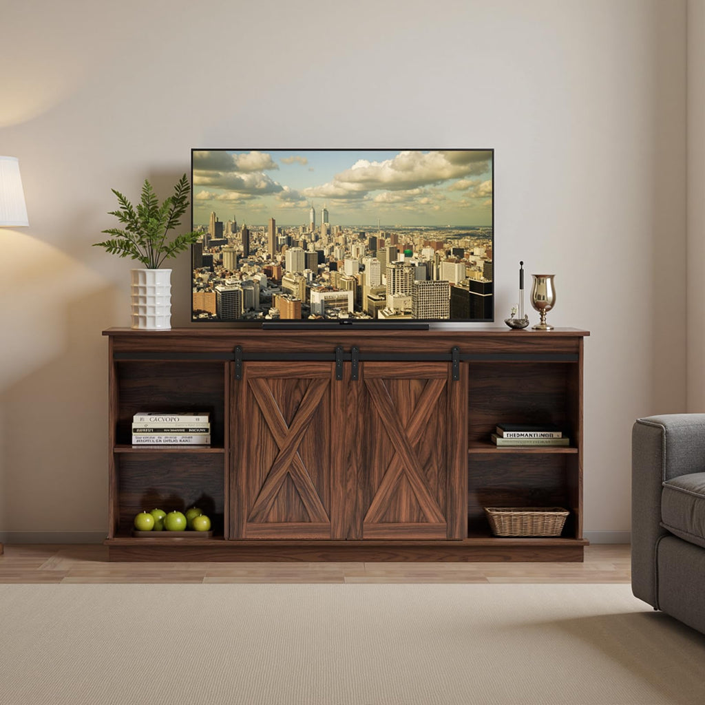 65 Inch Brown Wood TV Stand with Storage Shelves and Sliding Barn Door Z7757