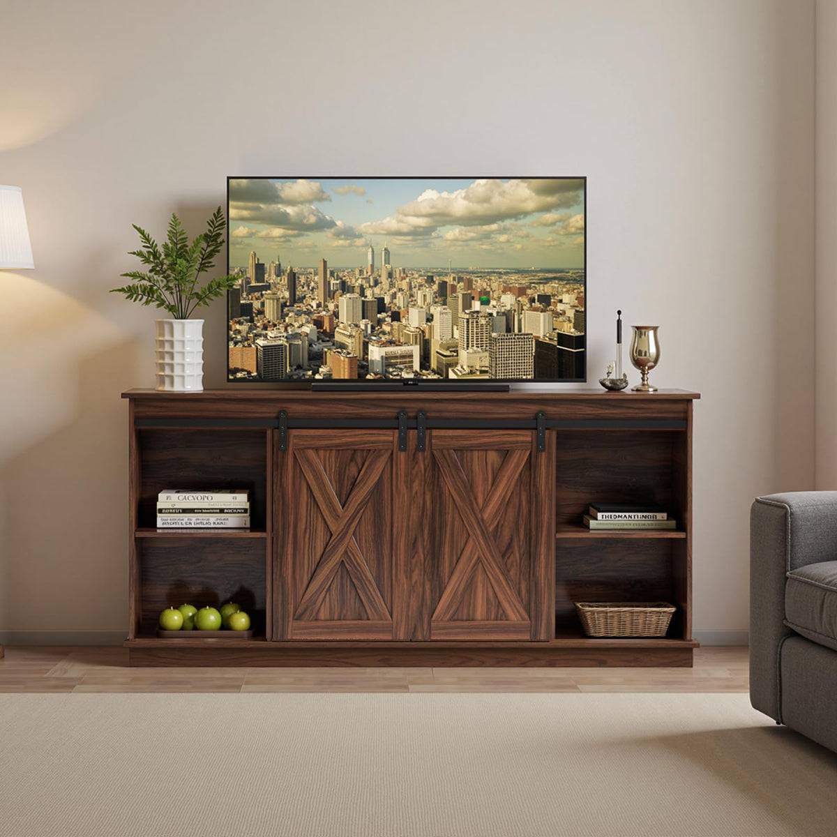 65 Inch Brown Wood TV Stand with Storage Shelves and Sliding Barn Door Z7757