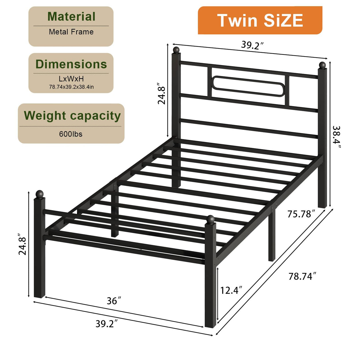 Black Metal Twin Size Bed Frames with Headboard S301521