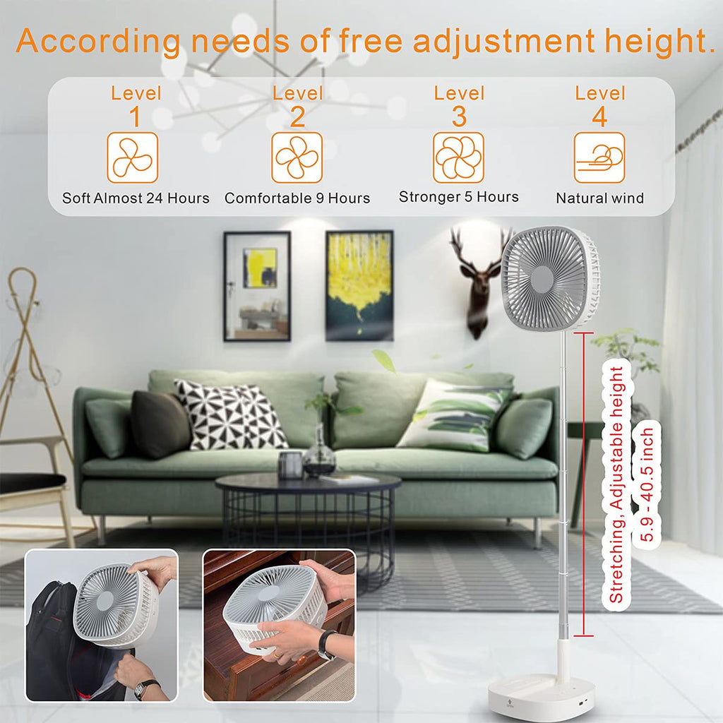 Portable Foldaway Standing Fan 7200Mah Rechargeable Battery Remote Control Telescopic 4 Speed Quiet Timer Gray F671
