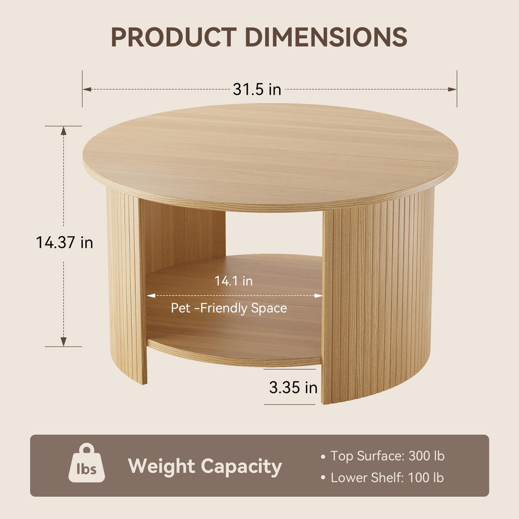 31.5" Round Wood Coffee Table with Storage K90409